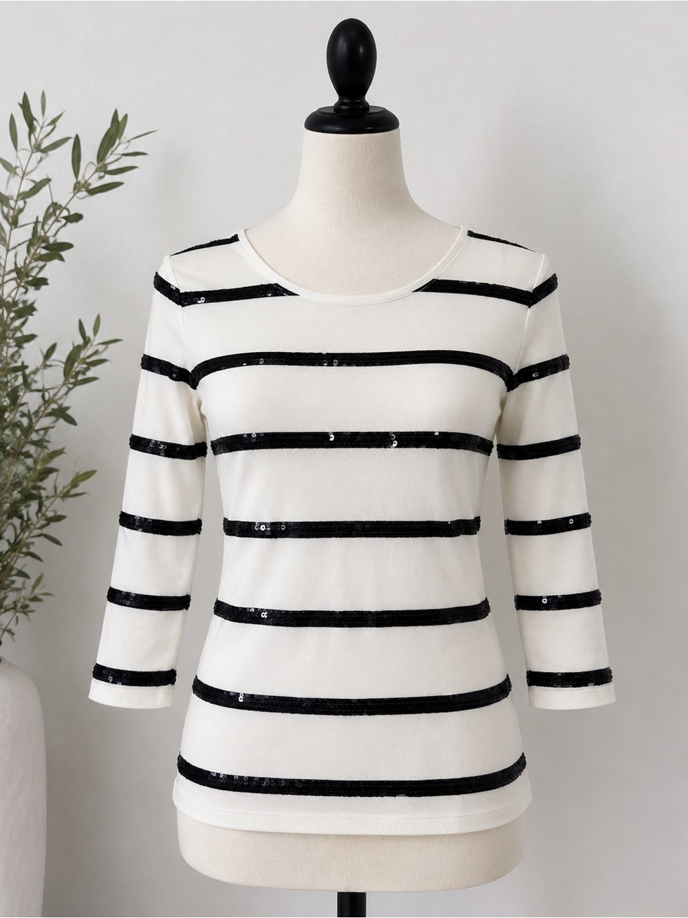 Talbots Cream and Black Striped Sequin 3/4 Sleeve Top